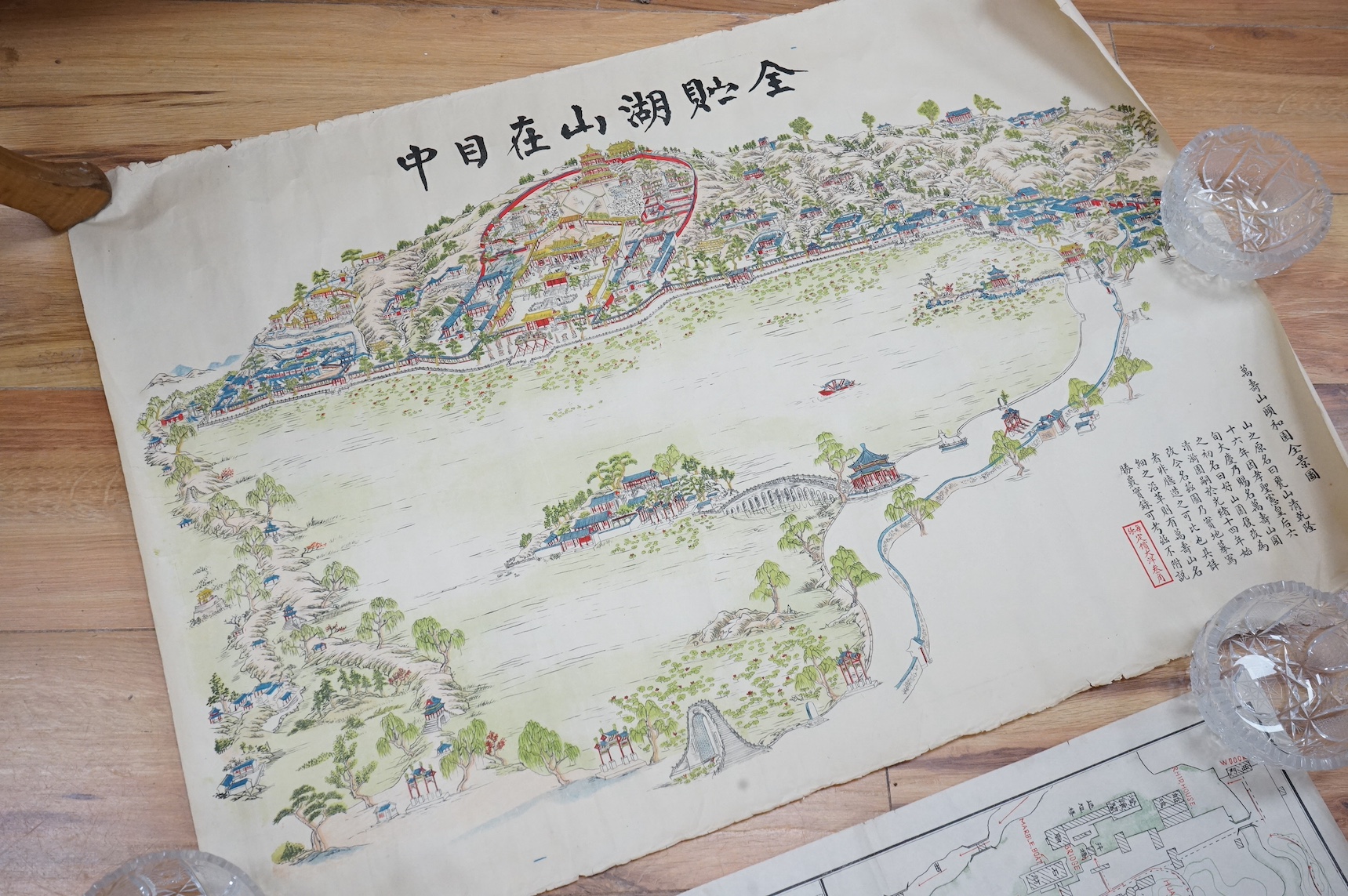 Two Chinese hand coloured scroll prints of Beijing Summer Palace, unframed. Condition - rips and creases to the edges